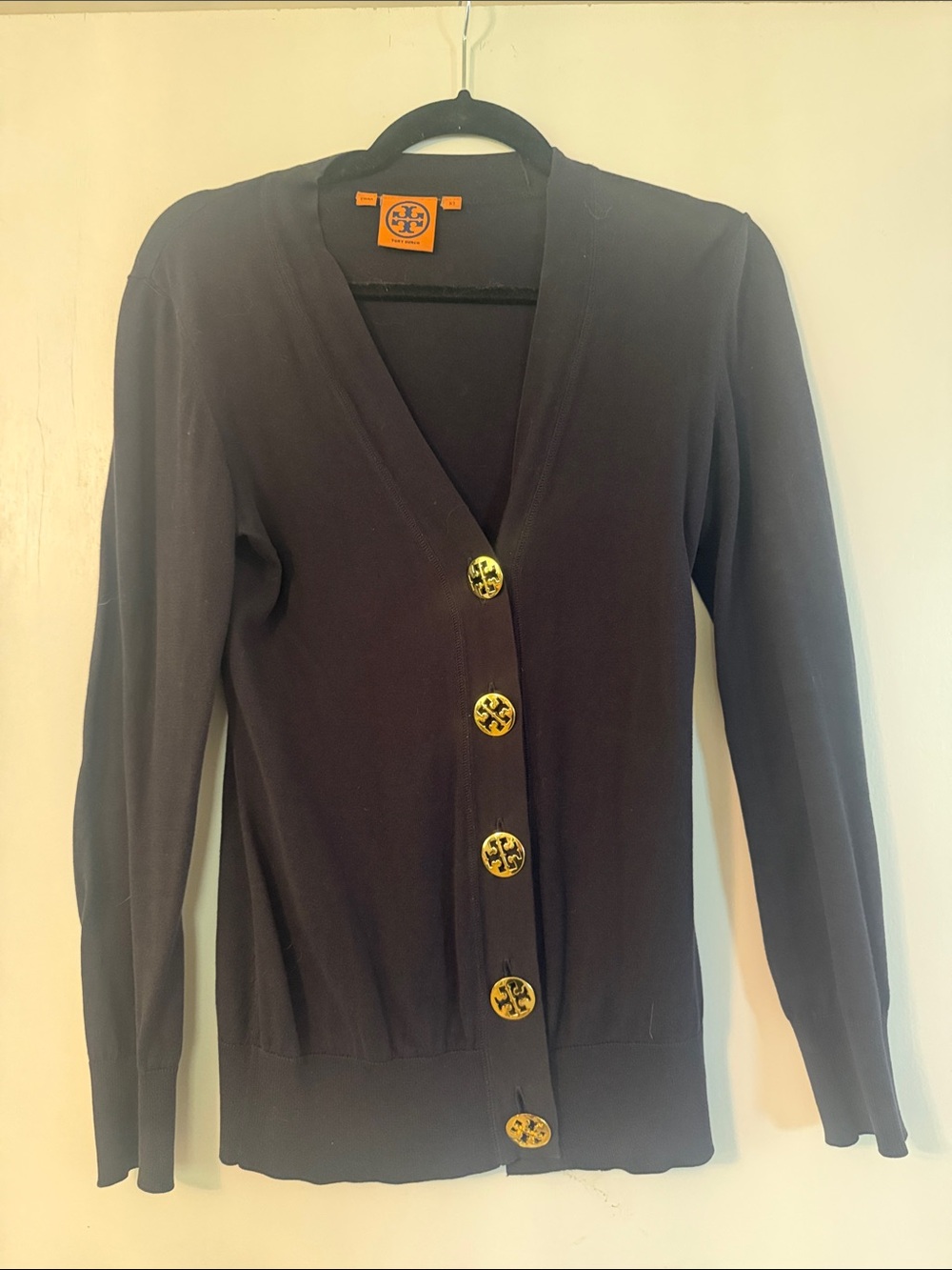 Tory Burch Navy Simone Cardigan with Gold Logo Buttons